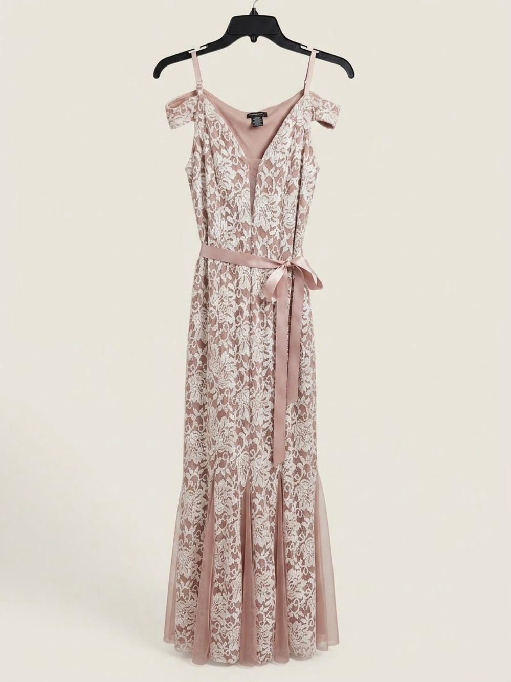 Candalite Blush Pink Sequined Lace Off-the-Shoulder Evening Gown — Size M